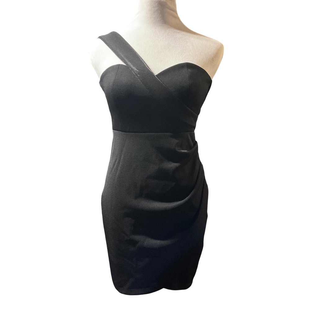 Black One Shoulder Bodycon‎ Mini Dress Sweetheart Neckline Draped Cocktail Event